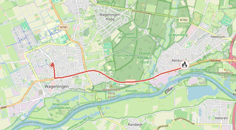 Kaart van de omgeving van de melding, met de kazerne die is gealarmeerd