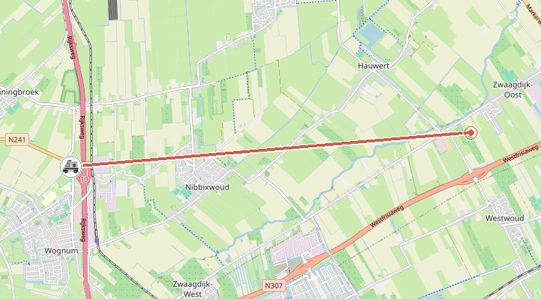 Kaart van de omgeving van de melding, met de kazerne die is gealarmeerd