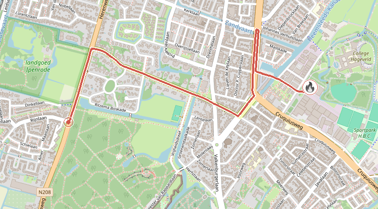 Kaart van de omgeving van de melding, met de kazerne die is gealarmeerd