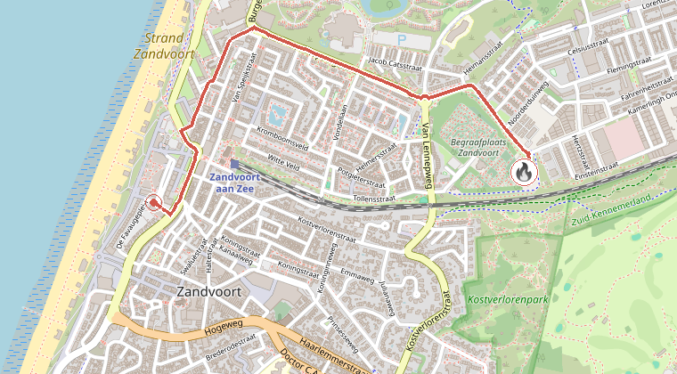 Kaart van de omgeving van de melding, met de kazerne die is gealarmeerd