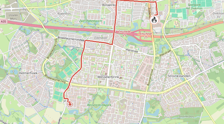 Kaart van de omgeving van de melding, met de kazerne die is gealarmeerd