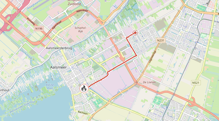 Kaart van de omgeving van de melding, met de kazerne die is gealarmeerd