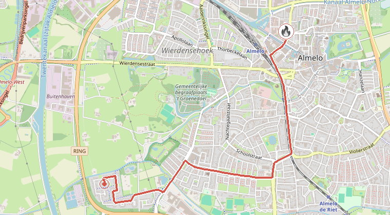 Kaart van de omgeving van de melding, met de kazerne die is gealarmeerd