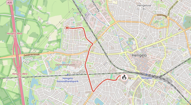 Kaart van de omgeving van de melding, met de kazerne die is gealarmeerd