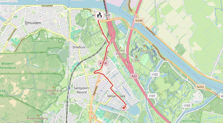 Kaart van de omgeving van de melding, met de kazerne die is gealarmeerd