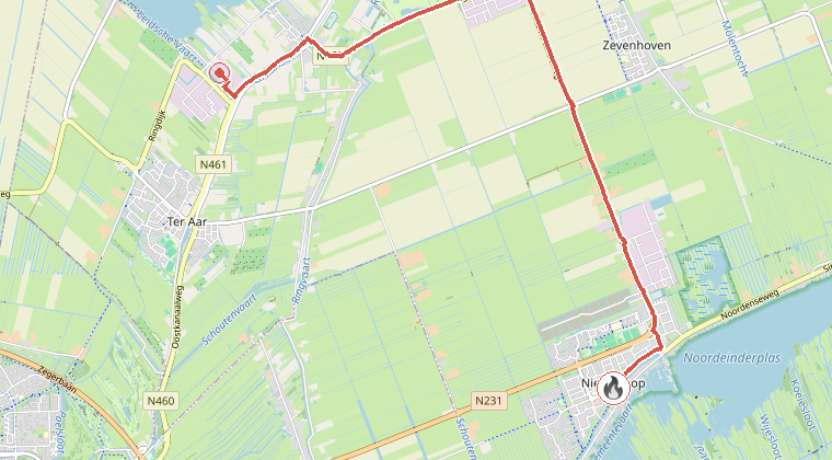 Kaart van de omgeving van de melding, met de kazerne die is gealarmeerd