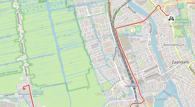 Kaart van de omgeving van de melding, met de kazerne die is gealarmeerd