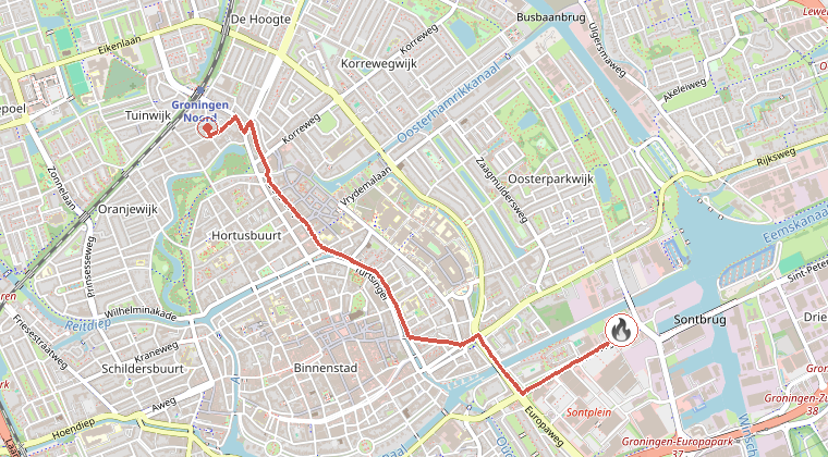 Kaart van de omgeving van de melding, met de kazerne die is gealarmeerd