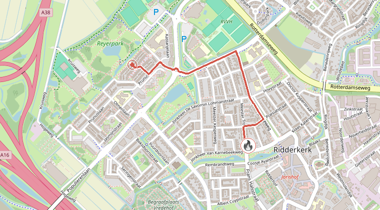 Kaart van de omgeving van de melding, met de kazerne die is gealarmeerd