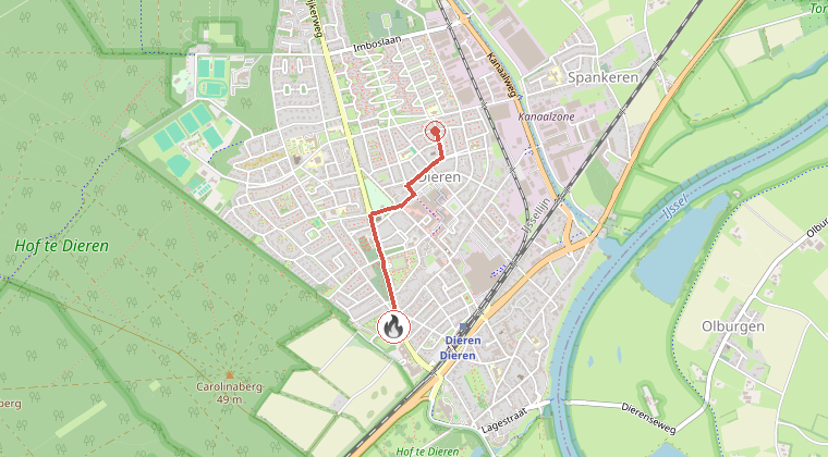 Kaart van de omgeving van de melding, met de kazerne die is gealarmeerd