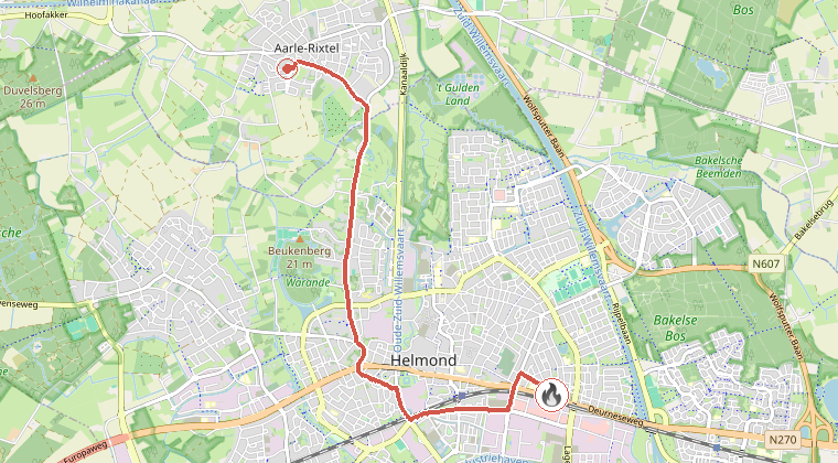 Kaart van de omgeving van de melding, met de kazerne die is gealarmeerd