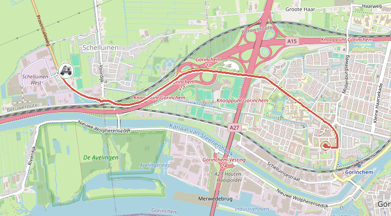 Kaart van de omgeving van de melding, met de kazerne die is gealarmeerd