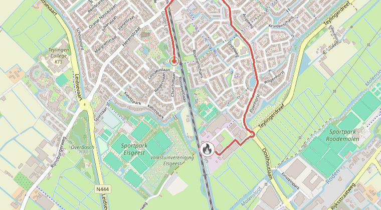 Kaart van de omgeving van de melding, met de kazerne die is gealarmeerd