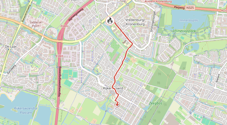 Kaart van de omgeving van de melding, met de kazerne die is gealarmeerd