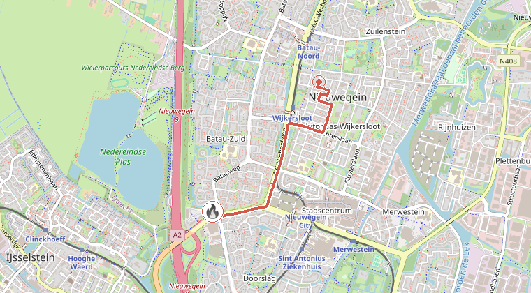 Kaart van de omgeving van de melding, met de kazerne die is gealarmeerd