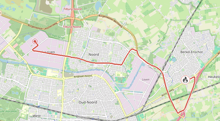 Kaart van de omgeving van de melding, met de kazerne die is gealarmeerd