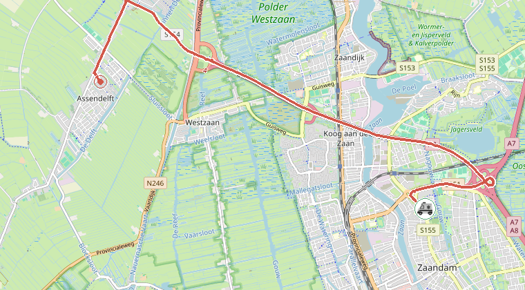 Kaart van de omgeving van de melding, met de kazerne die is gealarmeerd
