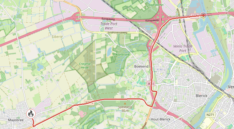 Kaart van de omgeving van de melding, met de kazerne die is gealarmeerd