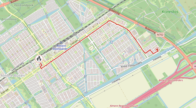 Kaart van de omgeving van de melding, met de kazerne die is gealarmeerd