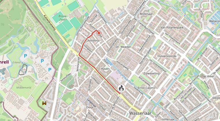 Kaart van de omgeving van de melding, met de kazerne die is gealarmeerd