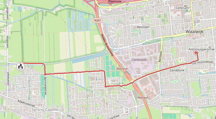 Kaart van de omgeving van de melding, met de kazerne die is gealarmeerd