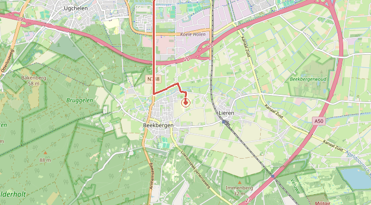Kaart van de omgeving van de melding, met de kazerne die is gealarmeerd
