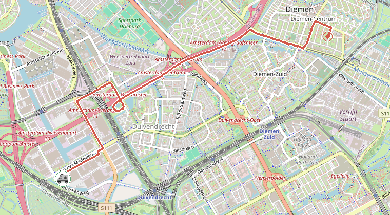 Kaart van de omgeving van de melding, met de kazerne die is gealarmeerd