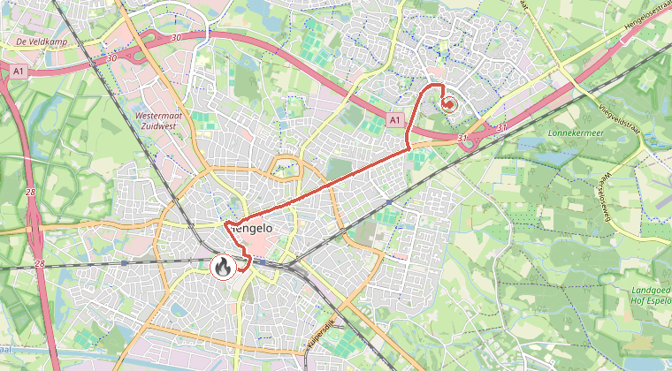 Kaart van de omgeving van de melding, met de kazerne die is gealarmeerd