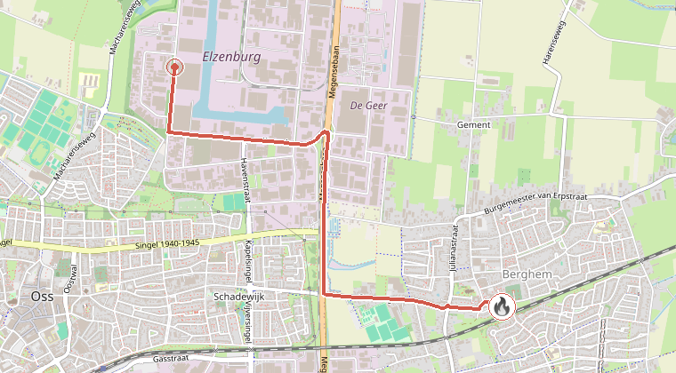 Kaart van de omgeving van de melding, met de kazerne die is gealarmeerd