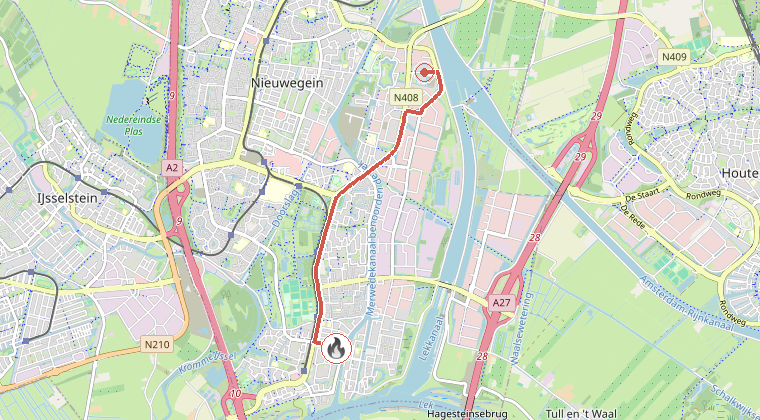 Kaart van de omgeving van de melding, met de kazerne die is gealarmeerd