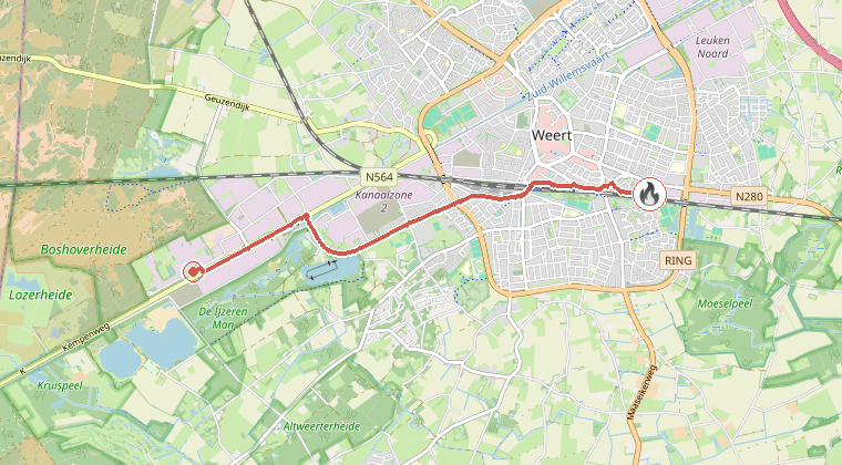 Kaart van de omgeving van de melding, met de kazerne die is gealarmeerd