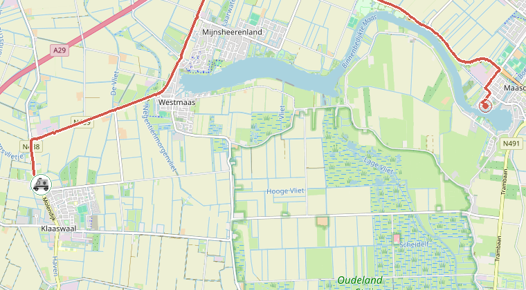 Kaart van de omgeving van de melding, met de kazerne die is gealarmeerd