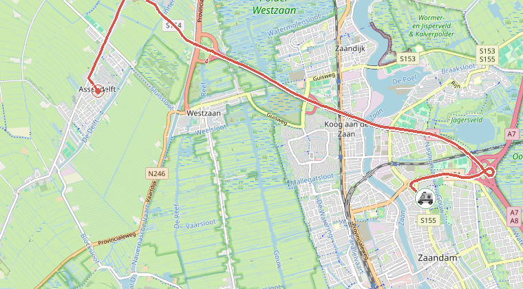 Kaart van de omgeving van de melding, met de kazerne die is gealarmeerd
