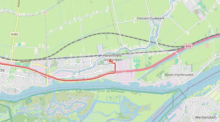 Kaart van de omgeving van de melding, met de kazerne die is gealarmeerd