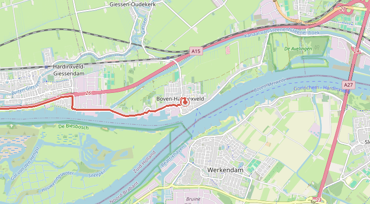 Kaart van de omgeving van de melding, met de kazerne die is gealarmeerd