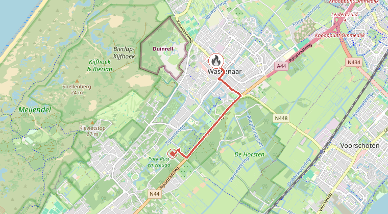 Kaart van de omgeving van de melding, met de kazerne die is gealarmeerd