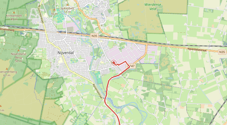 Kaart van de omgeving van de melding, met de kazerne die is gealarmeerd