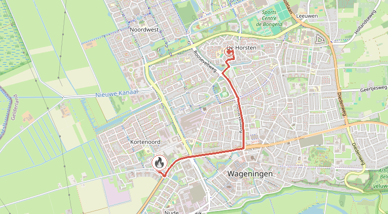 Kaart van de omgeving van de melding, met de kazerne die is gealarmeerd