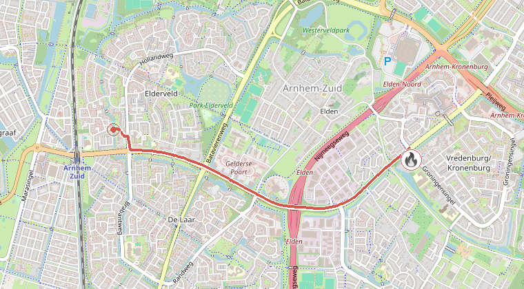 Kaart van de omgeving van de melding, met de kazerne die is gealarmeerd