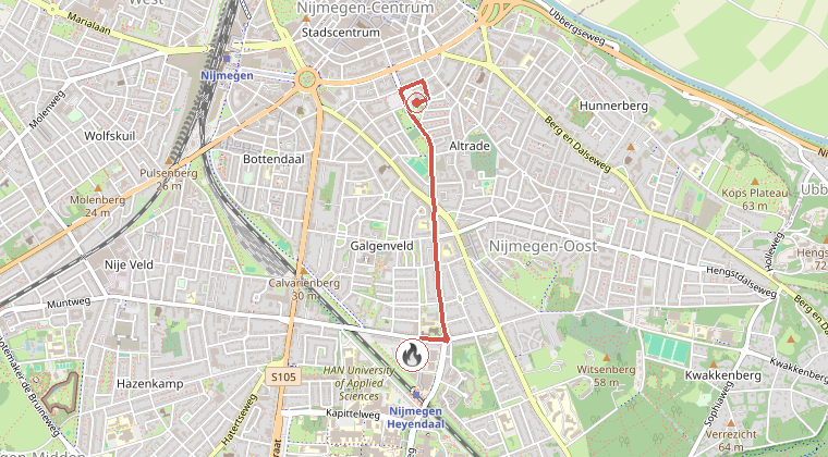 Kaart van de omgeving van de melding, met de kazerne die is gealarmeerd
