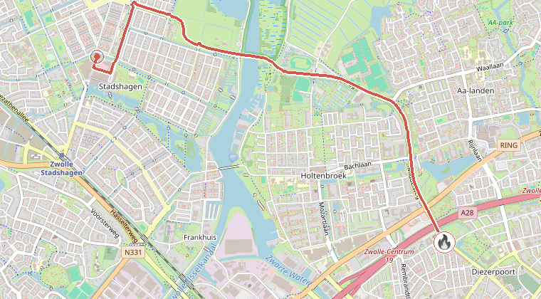 Kaart van de omgeving van de melding, met de kazerne die is gealarmeerd