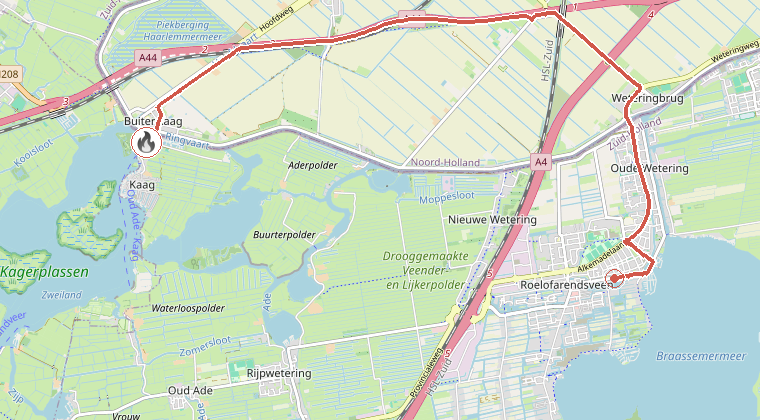 Kaart van de omgeving van de melding, met de kazerne die is gealarmeerd