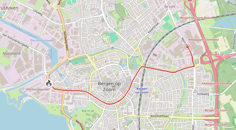 Kaart van de omgeving van de melding, met de kazerne die is gealarmeerd