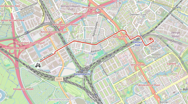 Kaart van de omgeving van de melding, met de kazerne die is gealarmeerd