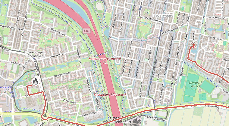 Kaart van de omgeving van de melding, met de kazerne die is gealarmeerd
