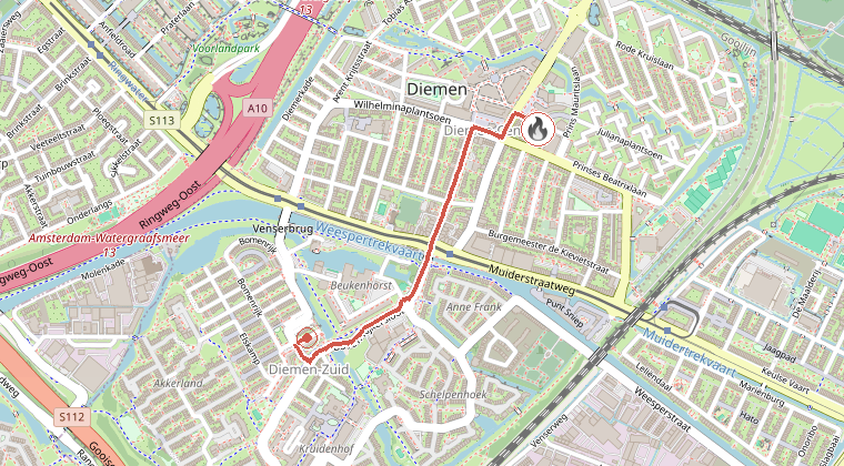 Kaart van de omgeving van de melding, met de kazerne die is gealarmeerd