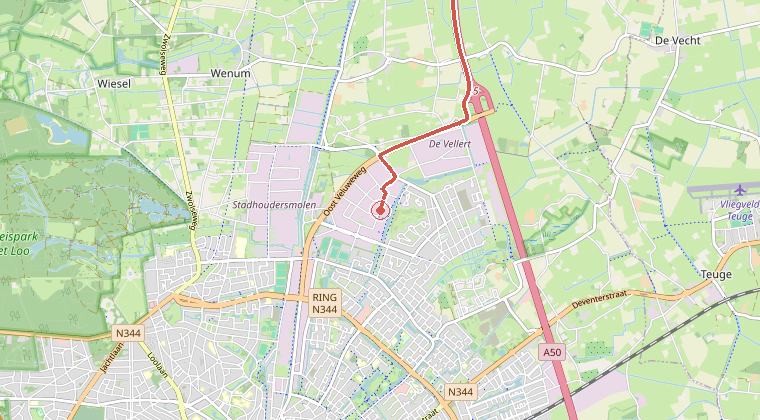 Kaart van de omgeving van de melding, met de kazerne die is gealarmeerd