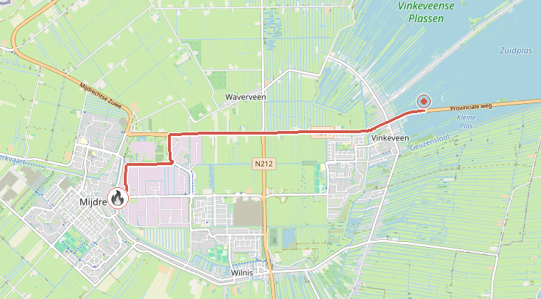 Kaart van de omgeving van de melding, met de kazerne die is gealarmeerd