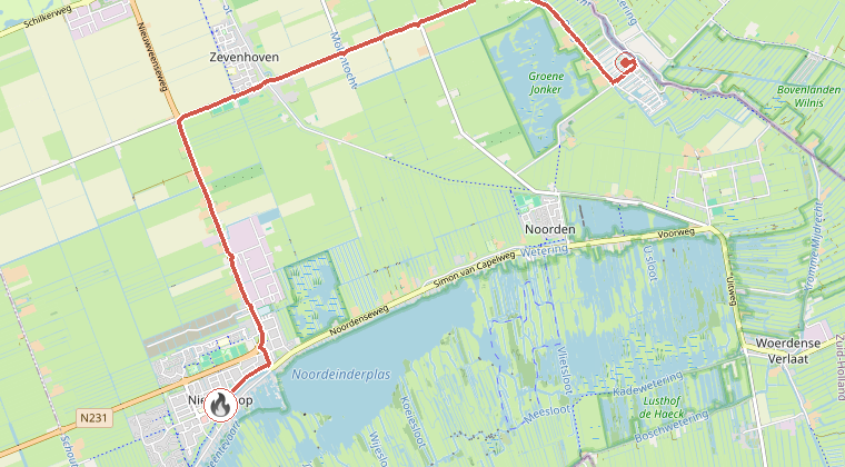 Kaart van de omgeving van de melding, met de kazerne die is gealarmeerd