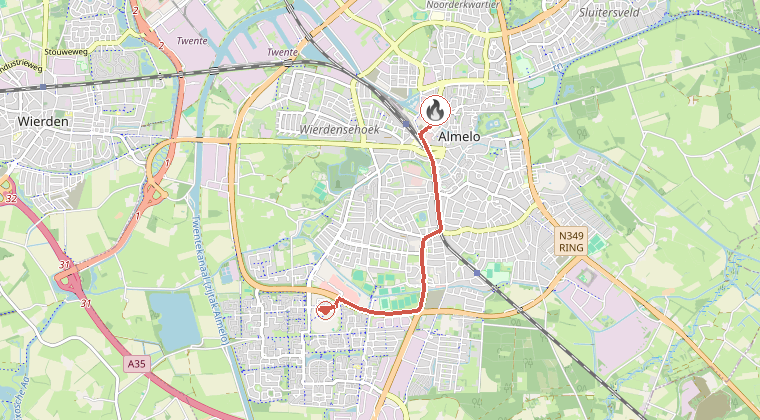 Kaart van de omgeving van de melding, met de kazerne die is gealarmeerd